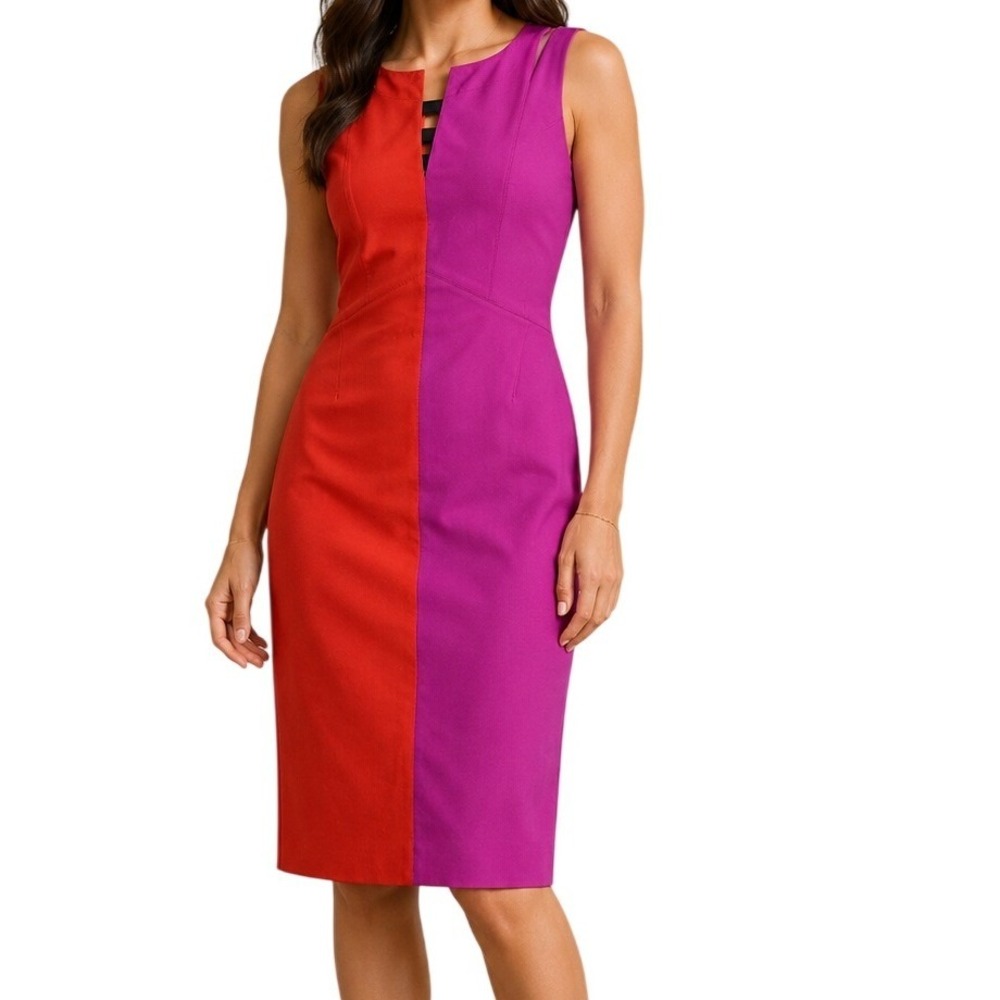 Karen Millen Pink Orange Colorblock Cutout Shoulder Sheath Dress Women's 8